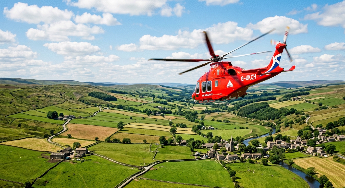 A helicopter flying over the British countryside